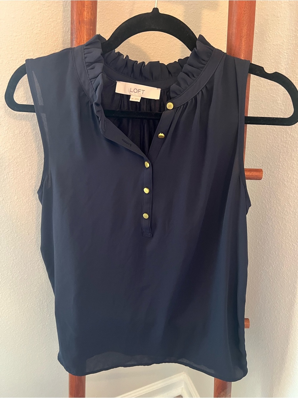LOFT Navy Ruffle-Neck Sleeveless Shell with Gold Buttons